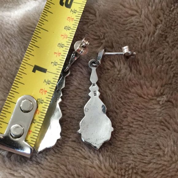 Vintage Sterling Silver Onyx Marcasite Drop Dangle Earrings - Picture 3 of 4